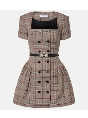 Self-Portrait Tan Plaid Double-Breasted Mini Dress with Black Belt